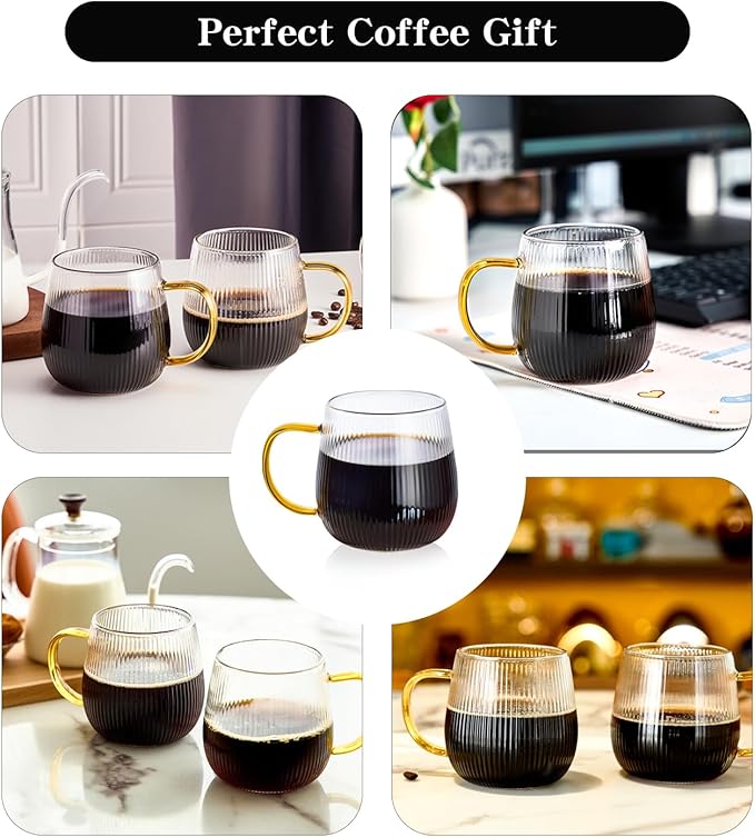 GLASKEY Borosilicate Glass Coffee Mugs Set of 2,12oz Glass Coffee Cups with Vertical Stripes Pattern,Clear Tea Cup for Tea,Coffee,Latte,Hot and Cold Beverage,Christmas Thanksgiving Gifts