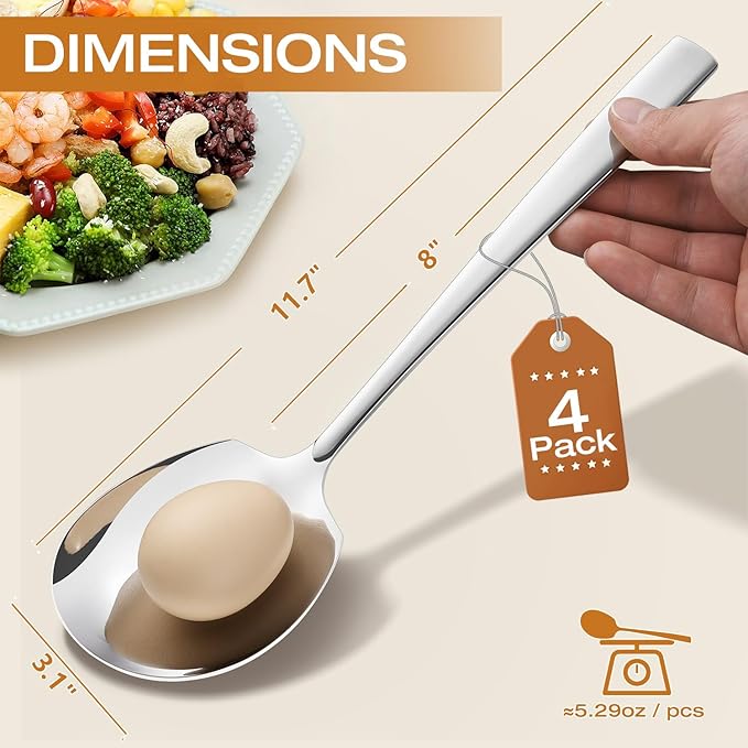 Extra Large Serving Spoons Set 11.7-Inch Serving Slotted Spoon x 2 Serving Spoon x 2, 18/8 Stainless Steel Big Serving Utensil for Buffet, Parties, Catering - Dishwasher Safe(4-Pack, Silver)