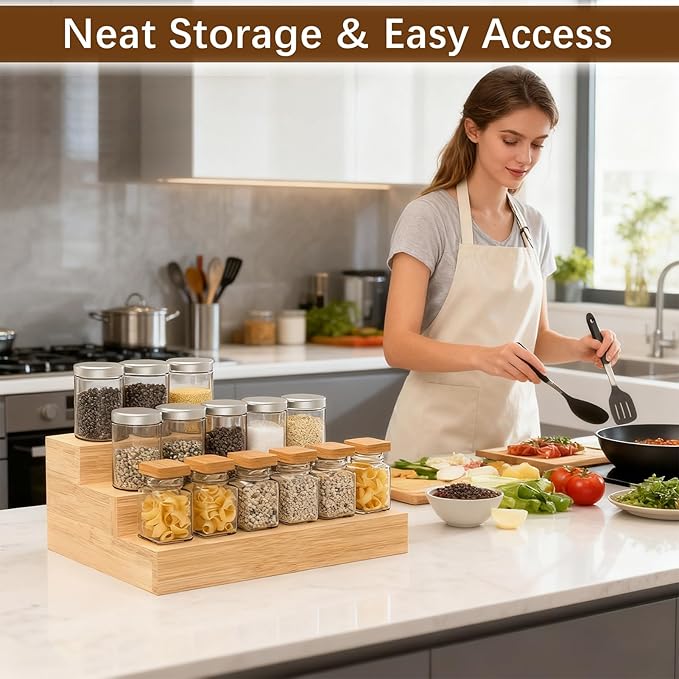 2 Pack Spice Rack Riser for Cabinet, Bamboo Spice Organizer Display Shelf for Kitchen Countertop