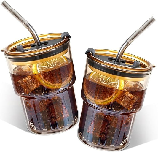 2 Packs Glass Tumbler with Lid and Straw 13 oz Cute Ice Coffee Cup Set Bulk Smoothie Juice Matcha Tea Cappuccino Water Simple Clear Hot Drink Glasses Travel Mug Kitchen Modern Glassware