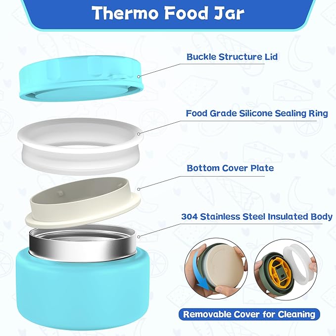 Kids Bento Lunch Box with 8oz Soup Thermo, Kids Leakproof Lunch Food Containers with 4 Compartment,Insulated Hot Food Jar with Lunch Bag for School, Travel (Blue)