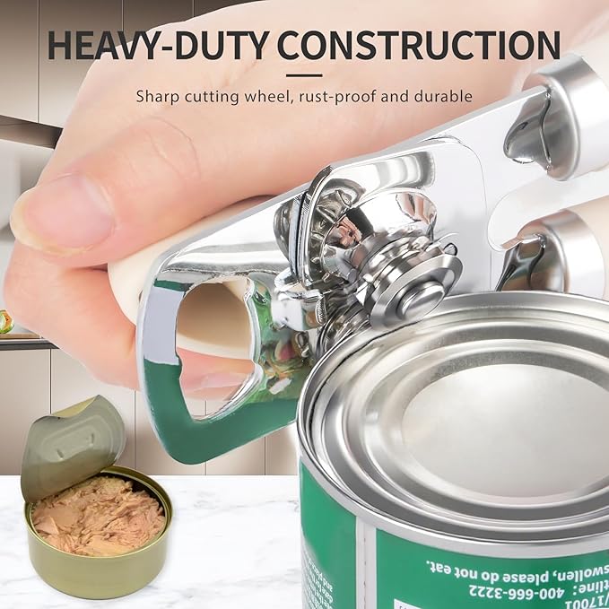 Can Opener Manual, Heavy Duty Stainless Steel Smooth Edge Can Openers With Soft Touch Handle, Oversized Handheld Easy Turn Knob, Multi-Function Bottle Opener, Beige