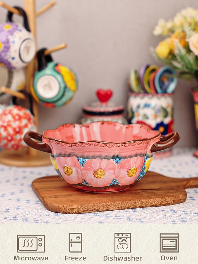 silesia Handmade Salad Bowls with Handles, 45 oz Hand-Painted Serving Bowl, Large Ceramic Crocks for Soup, Pasta, Stew, Microwave & Dishwasher Safe, Kitchen Decor Gift (Glazed Pink)