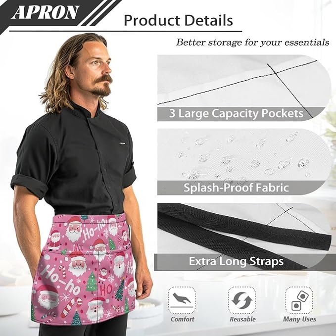Server Waitress Waist Apron with 3 Pockets, Short Aprons for Servers,Waiter Apron For Waiter Accessories