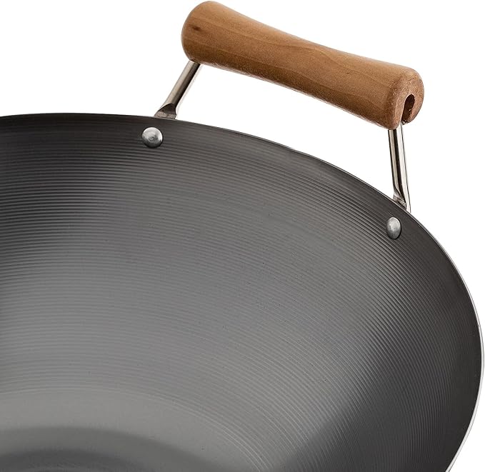 JOYCE CHEN Classic Series 14-Inch Uncoated Carbon Steel Wok Set with Lid and Birch Handles, 4 Pieces