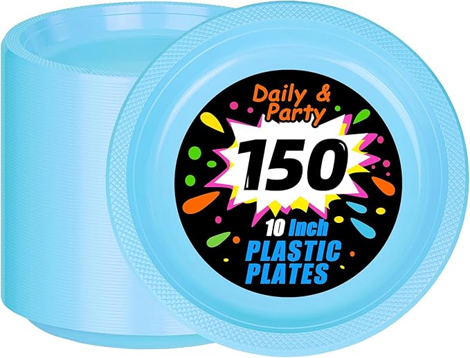 WELLIFE Light Blue Party Plates 10 Inch -150 Count, Disposable Plastic Baby Blue Dinner Plates for Party Dessert Cake Appetizer Baby Shower