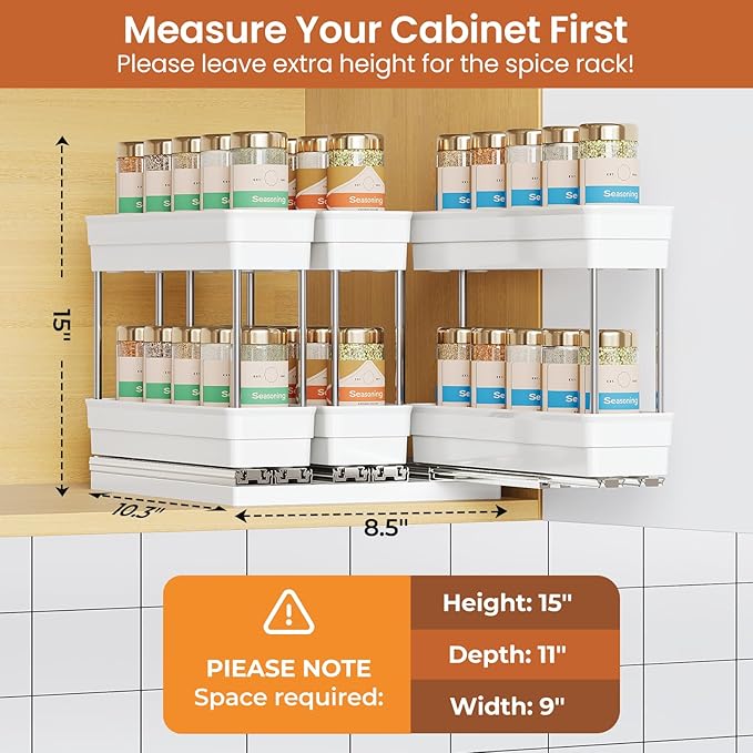 Pull Out Spice Rack Organizer for Cabinet, Slide Out Spice Racks Organizer, Easy to Install Spice Cabinet Organizers, 2.3''Wx10.66''Dx8.11''H, 3 Packs-2 Tiers (White)