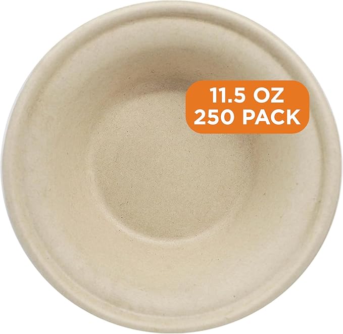 World Centric Compostable Paper Bowls, 11.5 Oz (Pack of 250), Made from Unbleached Plant Fiber, Sustainable, Heavy Duty, Leak Resistant, Microwave & Freezer Safe, PFAS Free
