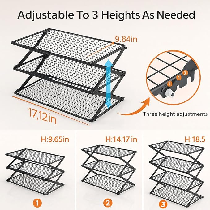 3-Tier Collapsible Cooling Rack with Adjustable 3 Setting, Wire Cooling Roasting Cooking Baking Drying Rack for Cookies Bread Turkey, Candy, Fruit, Snacks