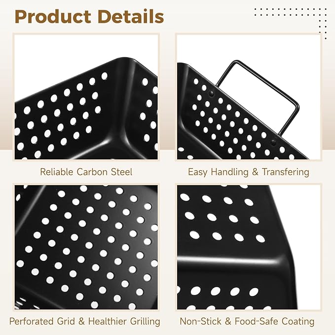 Grill Baskets, Heavy Duty BBQ Grilling Baskets 3PCS Outdoor for Vegetables Meat Seafood, Non-Stick Perforated Grill Pans Tray for Charcoal Grills Grilling Accessories