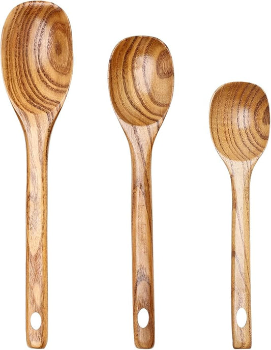 3 Piece Wooden Spoons for Cooking Spoon Set Wood Cooking Utensils Serving Spoon Kitchen Spatula Large Mixing Spoon Long Baking Ladle Bamboo Stirring Non Toxic Spoons Ladles Kitchen Tools Utensil