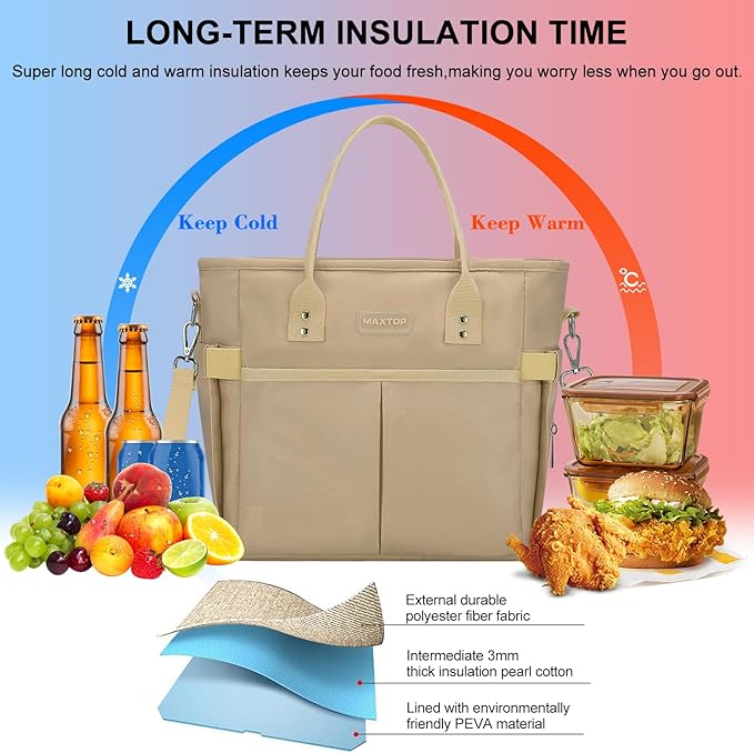 MAXTOP Lunch Bag Women for Work Insulated Thermal Lunch Box with Wide-Open Pocket Reusable Leakproof Cooler Bags with Removable Shoulder Strap for Teacher Nurse Office Picnic Travel Khaki