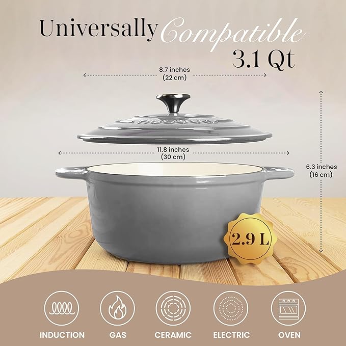 Cast Iron Dutch Oven with Lid – Non-Stick Ovenproof Enamelled Casserole Pot – Sturdy Dutch Oven Cookware – Grey, 3.1-Quart, 22cm – by Nuovva