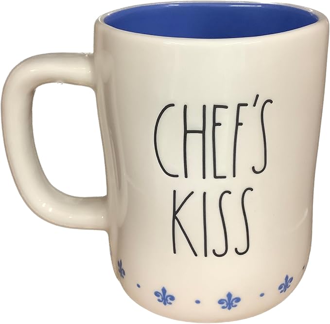Rae Dunn Disney Pixar Ratatouille Remy Chef's Kiss Ceramic Coffee Mug with Blue Interior, Fleur-de-Lis Design, 14oz