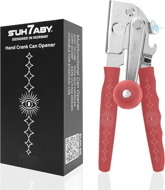 Manual Can Opener with Magnet, Heavy Duty Hand Can and Bottle Opener with Stainless Steel Blade and Rubber Grip, Smooth Cutting Hand Can Openers for Senior, Magnetic Lid Remover Kitchen Tool (Red)