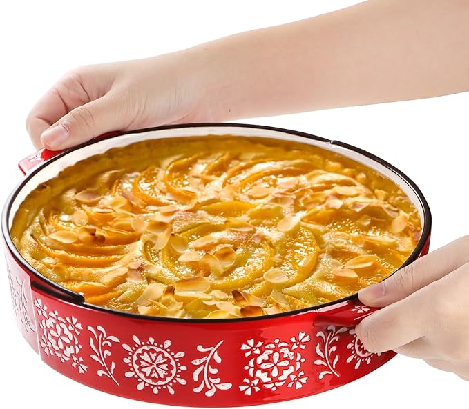 2 Pack Ceramic Baking Dish, 9 Inch Non-Stick Pie Pan with Double Handle, 44 Oz Deep and Fluted Pie Plate for Apple Pies, Quiche, Cake, Tart, Oven Microwave Dishwasher Safe, Red, Blue