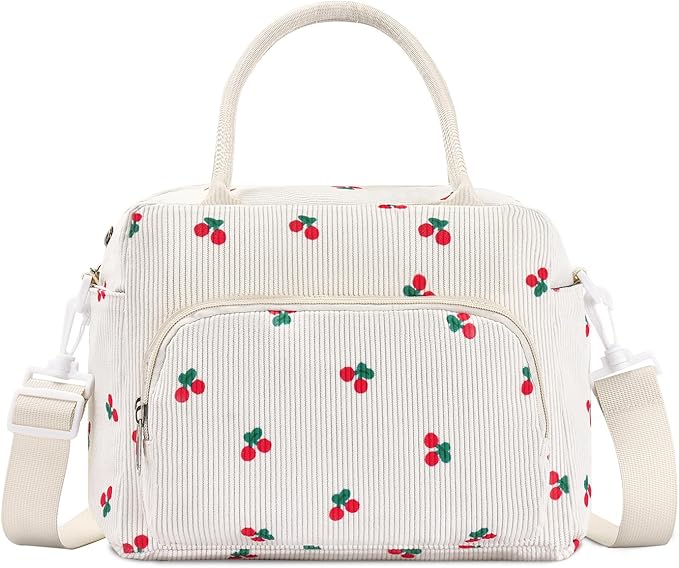 Lunch Box for Women Insulated Lunch Bag Women Adult Cute Lunch Bags Reusable Lunchbox Cooler Tote Bag for Work Picnic (Beige-Cherry)