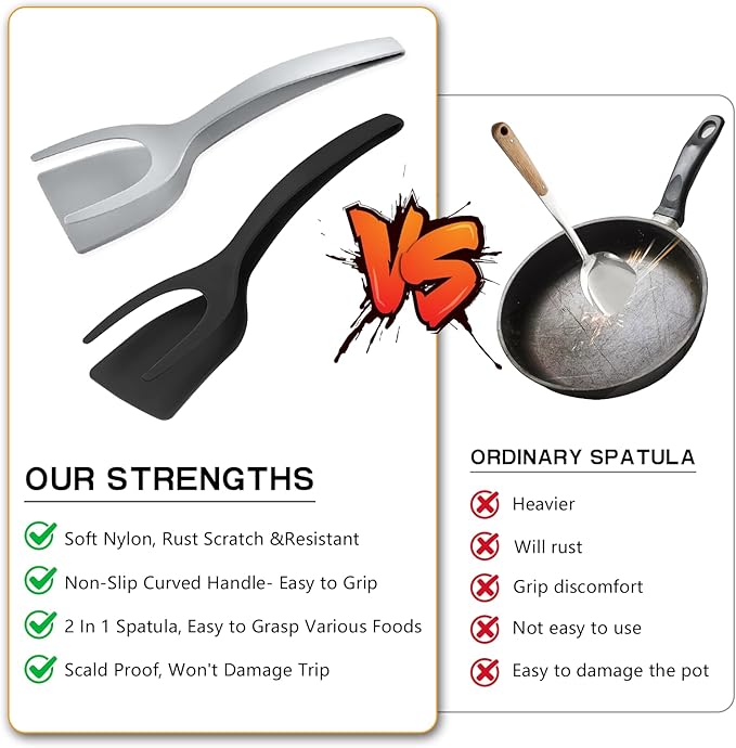 Egg Flipper Spatula 2 in 1 Grip and Flip Spatula Tongs Egg Spatula Flipper Made of High temperature resistant Nylon with Non-Stick Coating Egg Flipper for Home Kitchen Cooking Tool (black and gray)