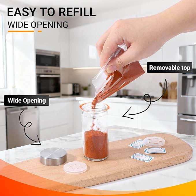 Segarty 3oz Glass Spice Jars with Stainless Steel Lids, 2 Pack 90ml Spices Jar with Labels, Round Seasoning Container for Salt Sugar Pepper Storage, Small Seasoning Bottles with 7 Stickers and 1 Brush