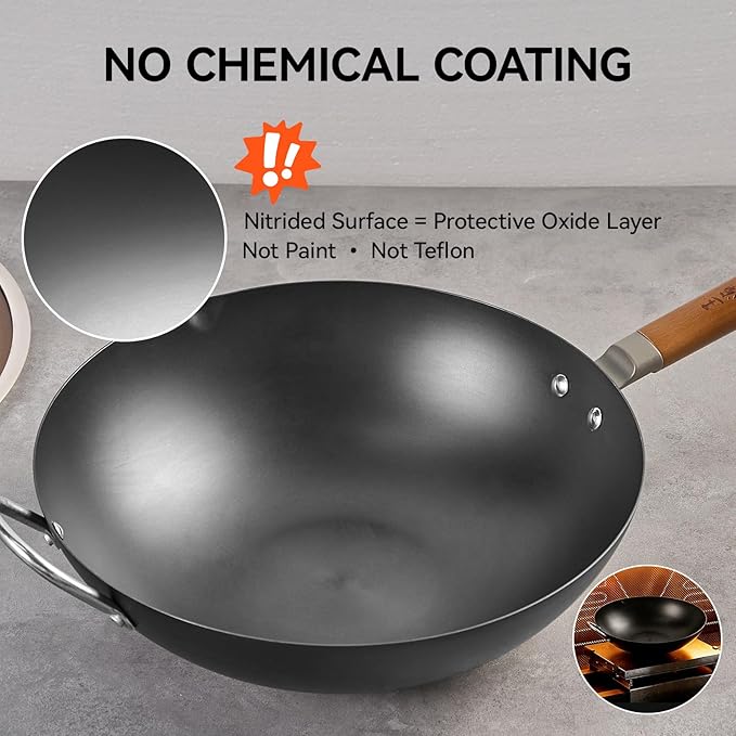 WANGYUANJI Carbon Steel Wok 14.2", Large Nitriding Flat Bottom Stir Fry Pan with Lid, No Chemical Coating Rust Resistant Iron Skillet for Induction Electric Gas Stoves, Big Capacity Serves 6+