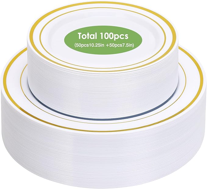Moretoes 100PCS Gold Plastic Plates Disposable,Party Plates White Gold Rim, 10.25inch Dinner Plates and 7.5inch Dessert Salad Plates Heavy Duty Plates for Wedding Party and Birthday