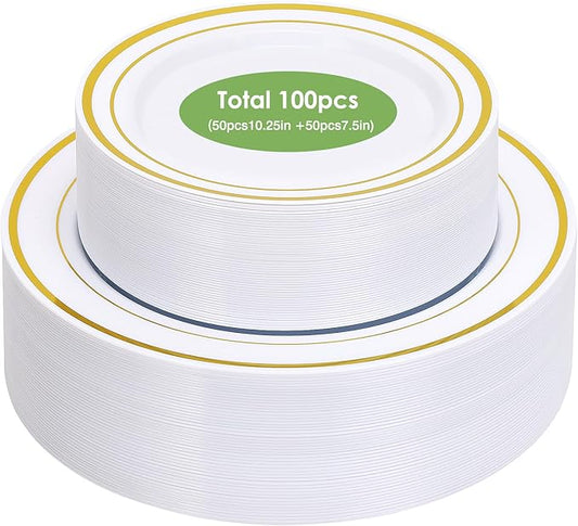 Moretoes 100PCS Gold Plastic Plates Disposable,Party Plates White Gold Rim, 10.25inch Dinner Plates and 7.5inch Dessert Salad Plates Heavy Duty Plates for Wedding Party and Birthday