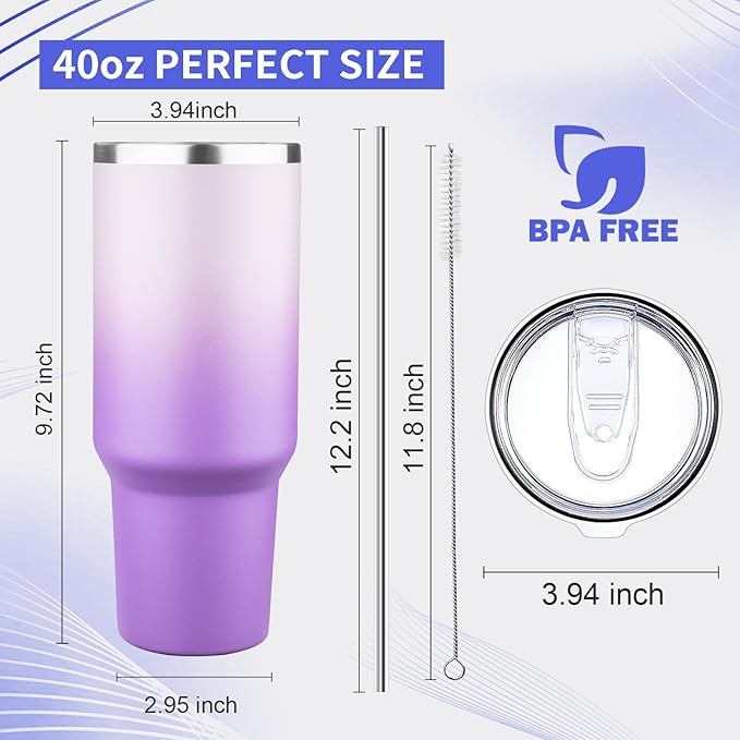 40 oz Tumbler with Lids and Straws Double Wall Vacuum Insulated Tumbler Cup,Stainless Steel Leak-proof Thermal Tumbler Powder Coated Travel Coffee Mug for Cold and Hot Drinks,Gardient Purple