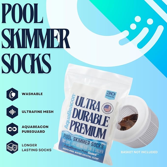 Aquabeacon® Premium 30-Pack Original Longer Lasting Pool Skimmer Socks with Aquabeacon PureGuard, Ultrafine Mesh Perfect Pool & Spa Savers for Filters, Baskets, and Skimmers