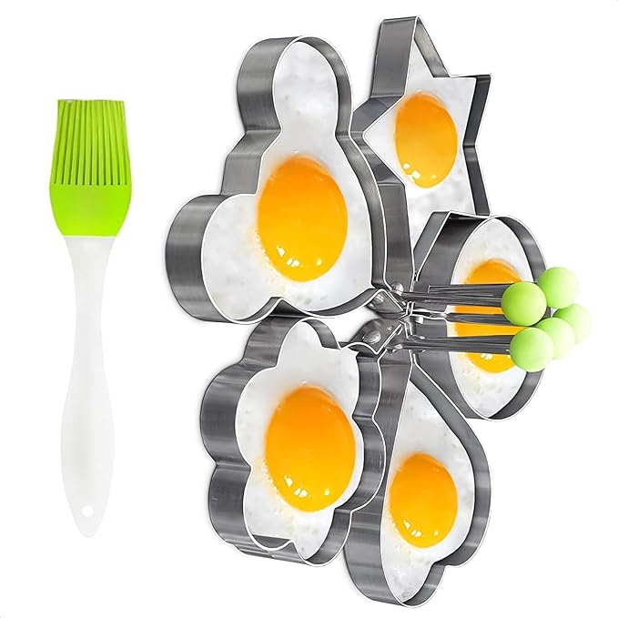 Egg Pancake Rings,5pcs Fried Egg Molds in Star, Round, Heart Different Shaped,Stainless Steel Omelette Frying Cooking Tools Kitchen Accessories Gadget Rings,with a Silicone Pastry Brush,Set of 5
