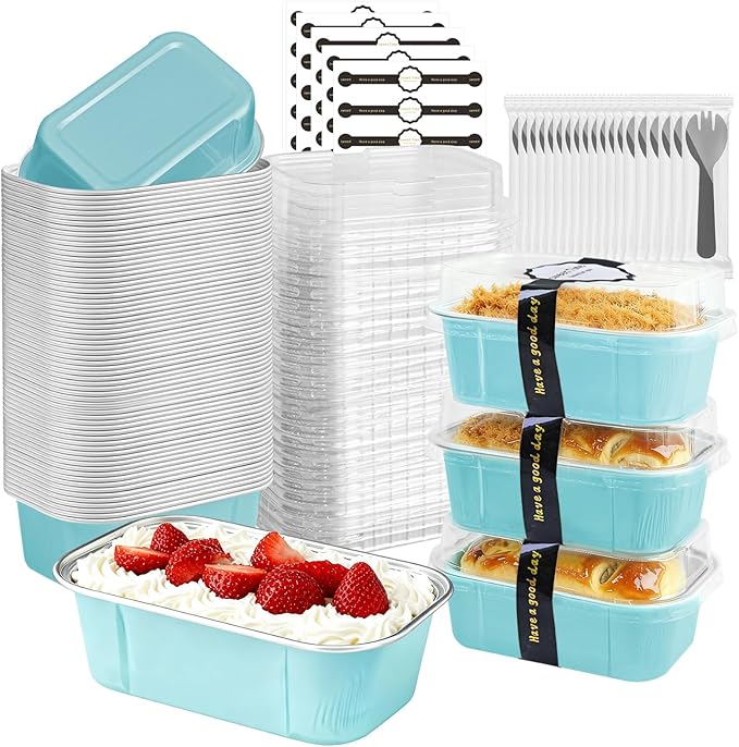 Mini Loaf Pans With Lids And Spoons 50 Pack,5.5 Oz Rectangle Mini Individual Cake Tins Disposable Small Aluminum Foil Baking Pans(50, Wathet)