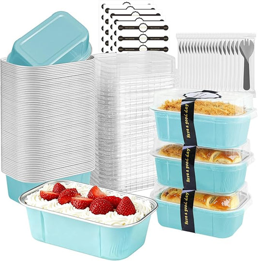 Mini Loaf Pans With Lids And Spoons 50 Pack,5.5 Oz Rectangle Mini Individual Cake Tins Disposable Small Aluminum Foil Baking Pans(50, Wathet)