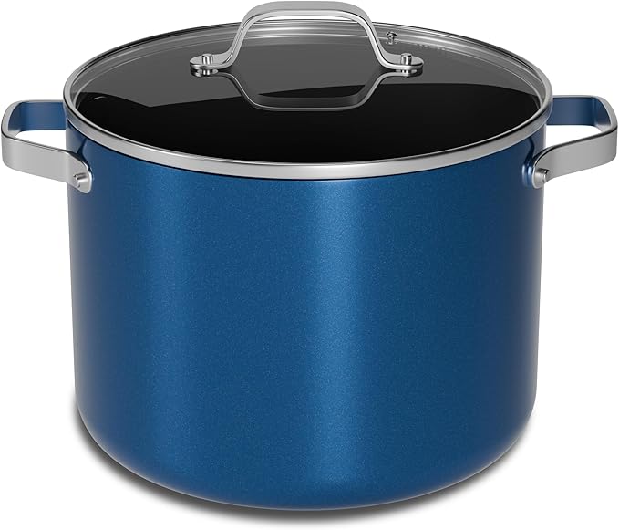Bakken 12.5 Quart Ceramic Coated Stock Pot with Lid, Easy Clean Nonstick Pot, Tempered Glass Lid, Riveted Stainless Steel Handles, Oven Safe Up To 500°F, PTFE & PFAS Free, All Stove Compatible, Blue