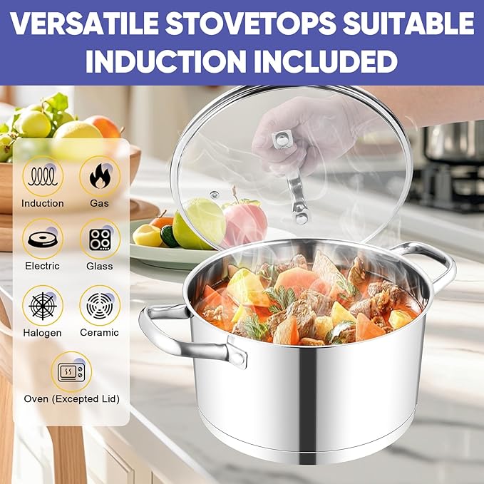TeamFar 8QT Stock Pot with Lid, Stainless Steel Tri-ply Bottom Cooking Pot for Vegetable Pasta Soup, Works with Induction/Gas/Glass/Ceramic Stoves, Non-toxic & Sturdy, Straight Side & Riveted Handles