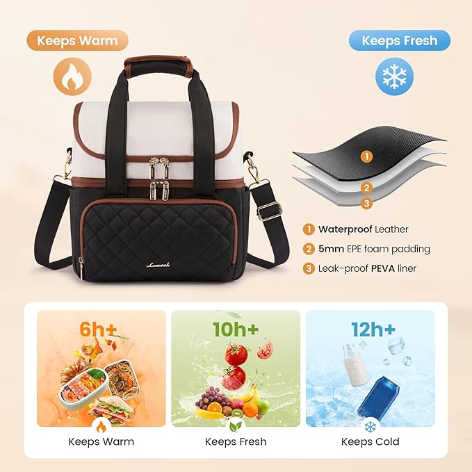 LOVEVOOK Insulated Lunch Bag For Women,Large Double Deck Adult Lunch Box,Teacher Lunch Tote Bag With Cup Holder,Leakproof Cooler Bag With Adjustable Shoulder Strap For Work Picnic Beach,Larger 15L