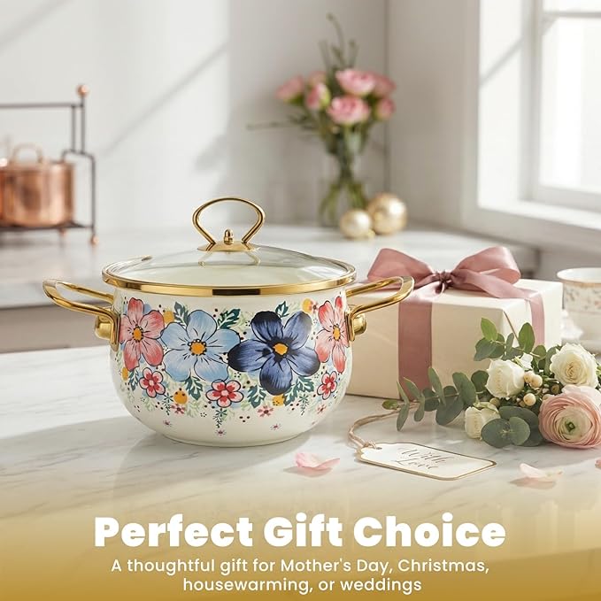 SOUJOY 3 Quart Enamel Cooking Pot with Glass Lid, Non-Stick Soup Pot with Handle, Vintage Floral Bean Stew Simmer Pot for Kitchen, Induction & Gas Stove Safe, Mother's Day, Wedding, Christmas Gift