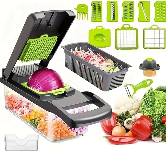 HHTAOR 16-in-1 Multifunctional Vegetable Chopper, Professional Food Veggie Chopper with 6 Blades & Container, Mandoline Slicer Onion Dicer Potato Tomato Cutter, Kitchen Gadgets Essentials (Grey)