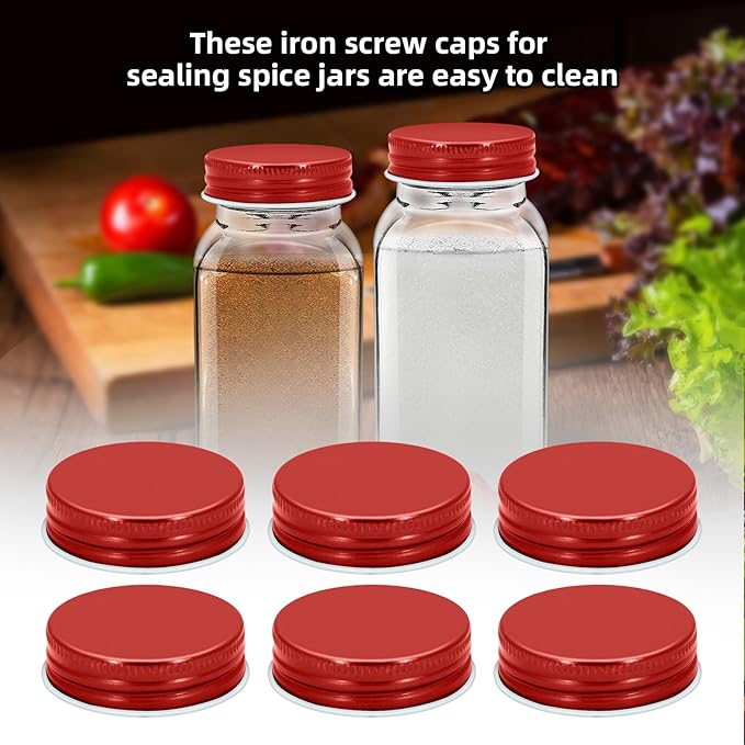 48 Pcs iron Jar Lids Lids for 4 oz and 6 oz Square Spice Jars Reusable Can Airtight Spice Storage Canning Lids for Nice Sealing Kitchen (Red)