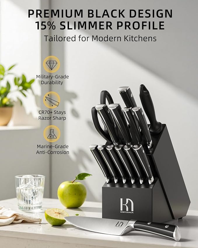 Knife Set 15 Pcs High Carbon Stainless Steel Kitchen Knife Sets with Block & Sharpener, Premium Razor-Sharp Black Knives Block Set for Kitchen, Ergonomic Full-Tang Handle