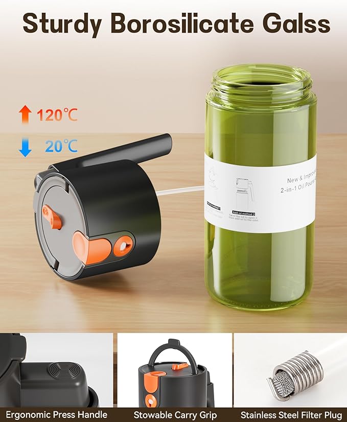 Upgrade 2 in 1 Oil Sprayer for Cooking, 17oz Light-Blocking Glass Olive Oil Dispenser Bottle for Kitchen, Food-Grade Oil Mister with 8 Stickers for Salad, Frying (Green Bottle-Black Gap)
