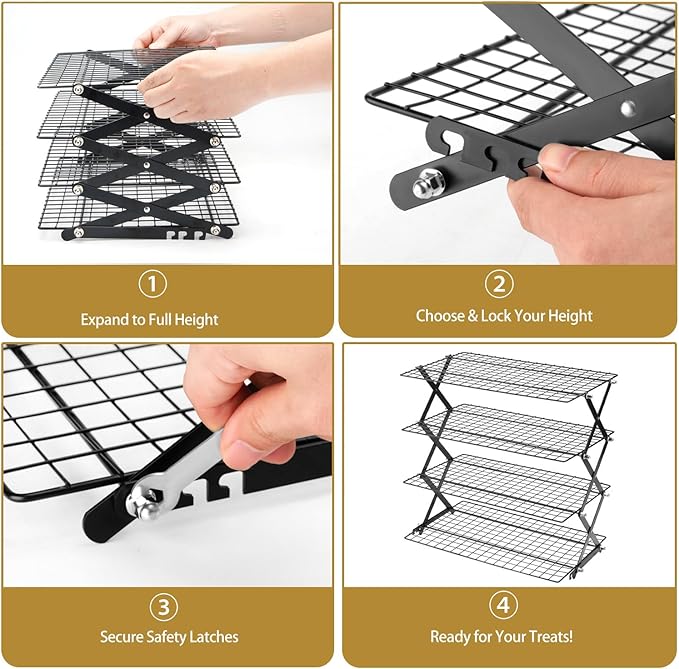 4-Tier Stackable Cooling Rack for Baking, Collapsible Wire Cookie Rack with Adjustable Heights, Non-Stick Roasting & Drying Rack for Cupcakes, Pies and Pastries, Space-Saving Kitchen Essential