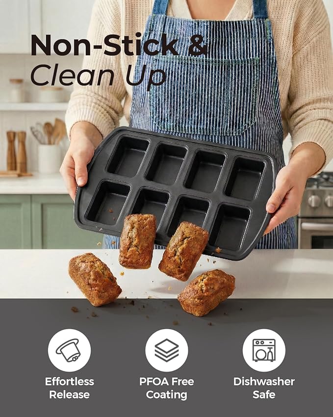 CARTMAN 2-Pack 8-Cavity Mini Loaf Pans Set with Spatula & Brush – 15.5” x 10” Nonstick Carbon Steel Small Bread Pan for Banana Bread, Meatloaf & Keto Snacks Classic Black