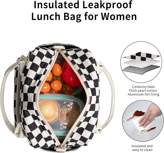 Lunch Box for Women Insulated Lunch Bag Women Adult Cute Lunch Bags Reusable Lunchbox Cooler Tote Bag for Work Picnic (Black-White Plaid)