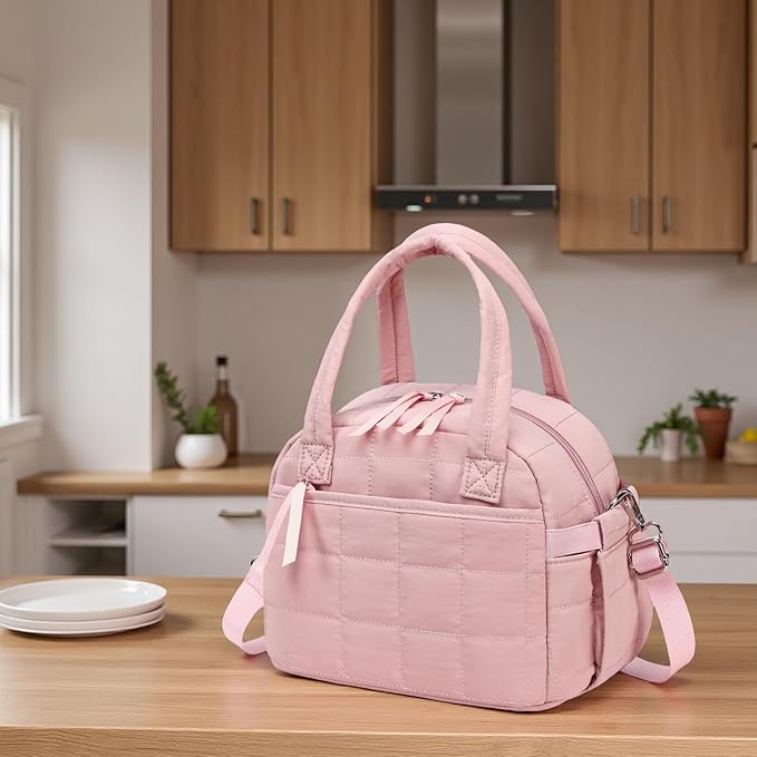 LEDAOU Lunch Box for Women Lunch bag Quilted Puffer Lunch Box with Adjustable Strap Insulated Reusable LunchBox for Work School Picnic Travel (Pink)