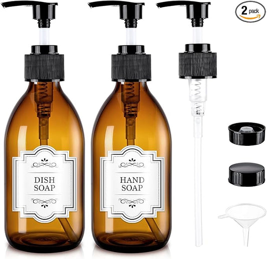 8 oz Amber Glass Pump Bottle, 250ml Glass Soap Dispenser Bottle for Body Lotion Massage Oil, Refillable Empty Hand and Dish Soap Dispensers Set with Labels - 2 Pack
