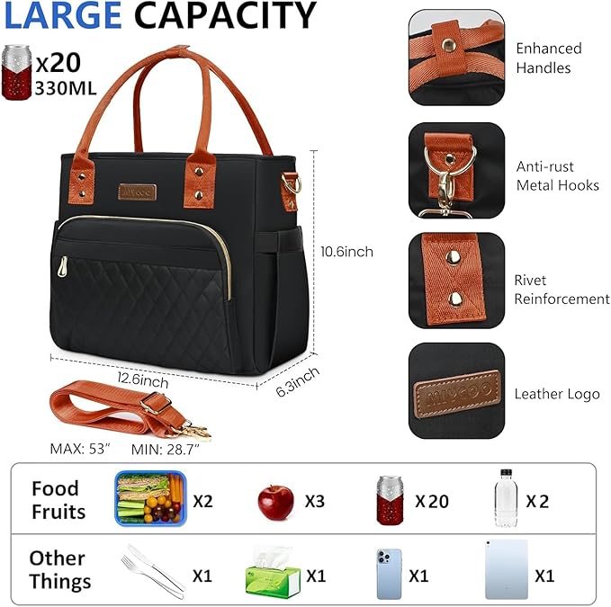 MIYCOO Lunch Bag Lunch Box Women - Leakproof Insulated Lunch Cooler Bag for Women - Large Lunch Tote Bags Adults, Black Orange