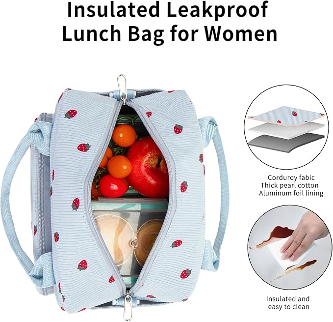 Lunch Box for Women Insulated Lunch Bag Women Adult Cute Lunch Bags Reusable Lunchbox Cooler Tote Bag for Work Picnic (Blue-Strawberry)