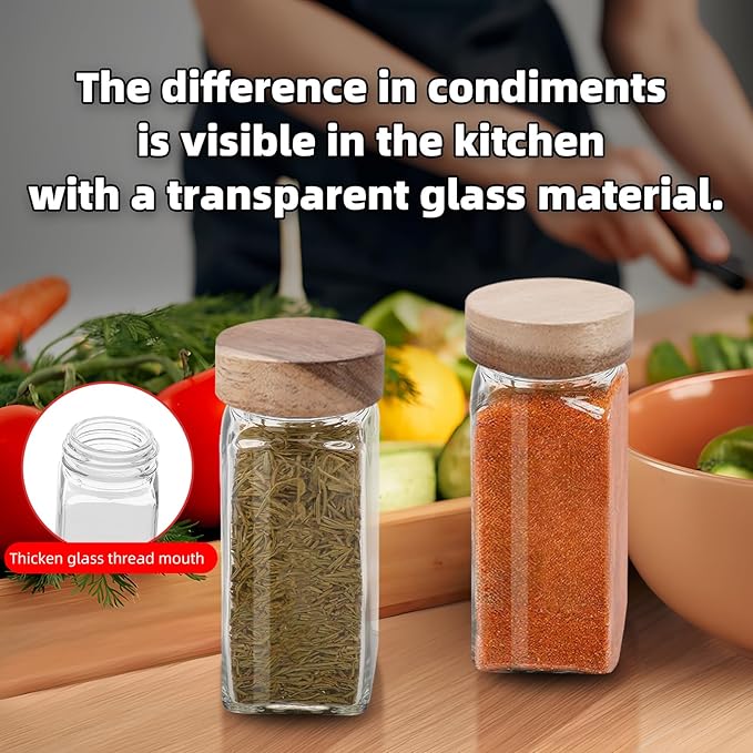 4Pcs 4oz Glass Spice Jars with Shaker Lids, Spice Jars Trial Set & Supplement Set, Empty Spice Containers and Square Spice Bottles for Kitchen (Wooden Lids)