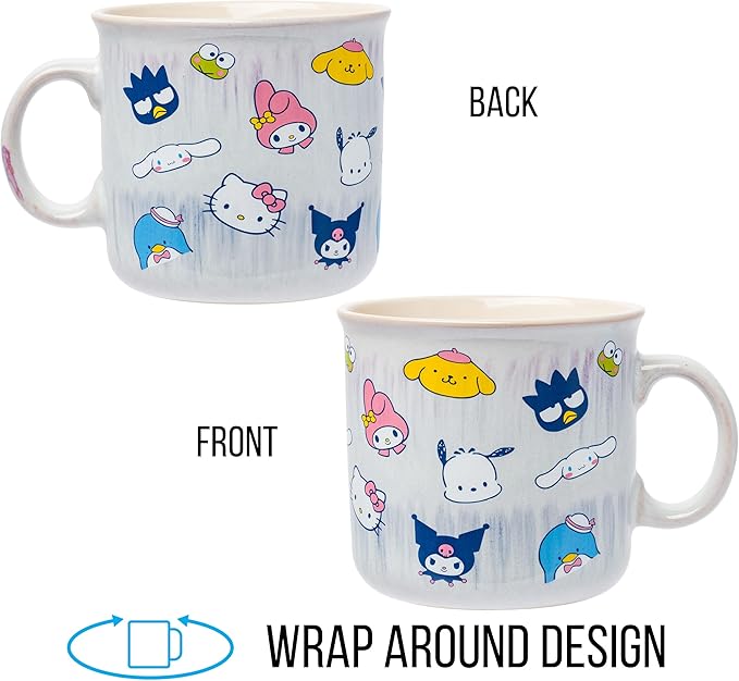 Silver Buffalo Sanrio Hello Kitty and Friends Featuring My Melody, Badtz-Maru, Pochacco, Keroppi, Pompompurin, Cinnamoroll, Kuromi, and Tuxedo Sam Reactive Glaze Ceramic Camper Mug, 20 Ounces