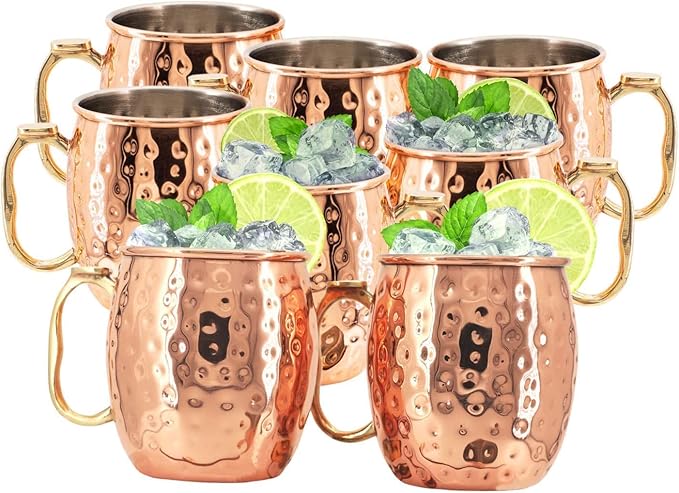 [Gift Set] Kitchen Science Moscow Mule Mugs, Stainless Steel Lined Copper Moscow Mule Cups Set of 12 (19 OZ) w/Straws, Jigger | Tarnish-Resistant Stainless Steel Interior