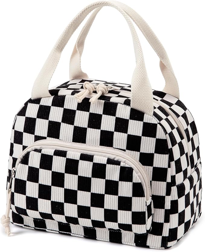 Lunch Bag Women Lunch Box for Women Adult Cute Insulated Lunch Bag Small Cooler Lunch Tote Bags for Work Picnic Travel (Black-White Plaid)